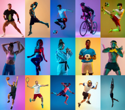Die Abbildung zeigt fünfzehn Frauen und Männer die fünfzehn verschiedene Sportarten ausüben, unter Anderem Tennis, Fussball, Rugby, Handball, Judo, Aerobic, Basketball usw.